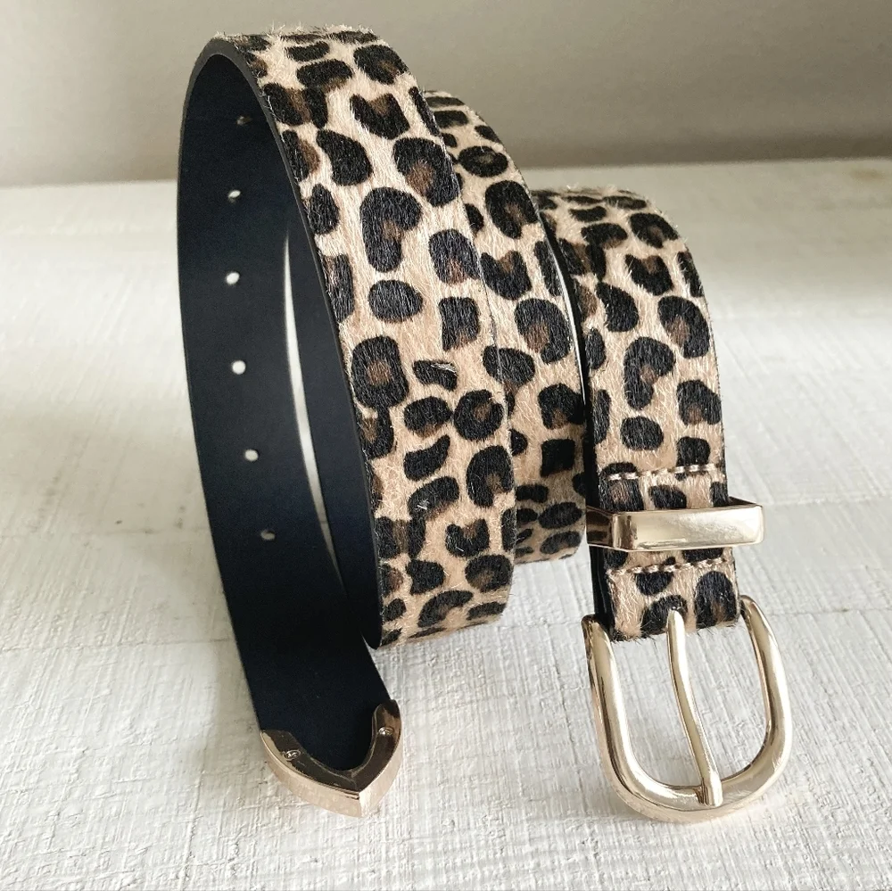 Leopard Faux Calf Hair Belt Gold Buckle Animal Print XL/ 1X Casual